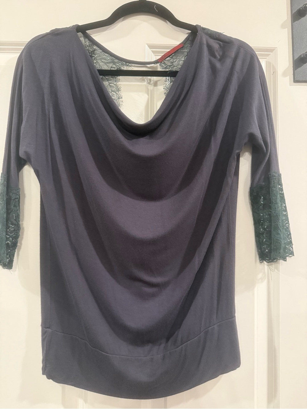 Draped Gray Top with Green Lace Trim